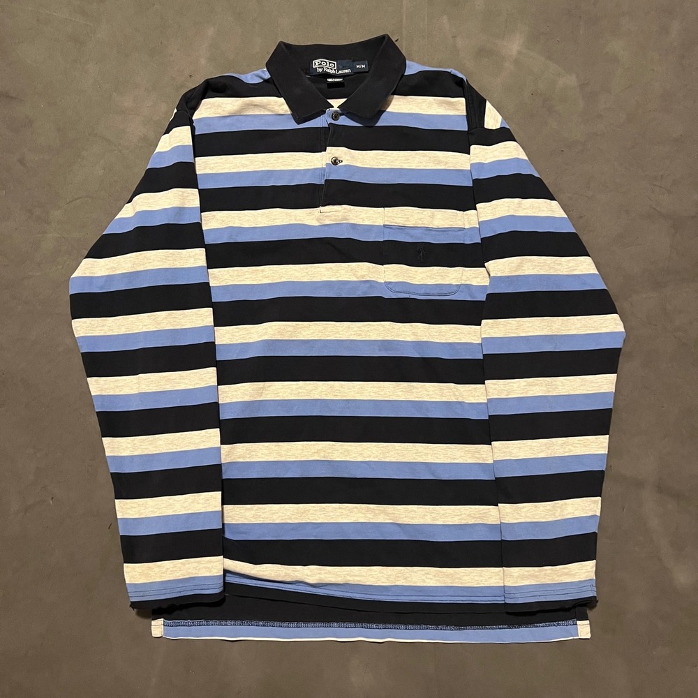 Polo Ralph Lauren Mens M Rugby Long‎ Sleeve Striped Pocket Polo Shirt Navy Blue